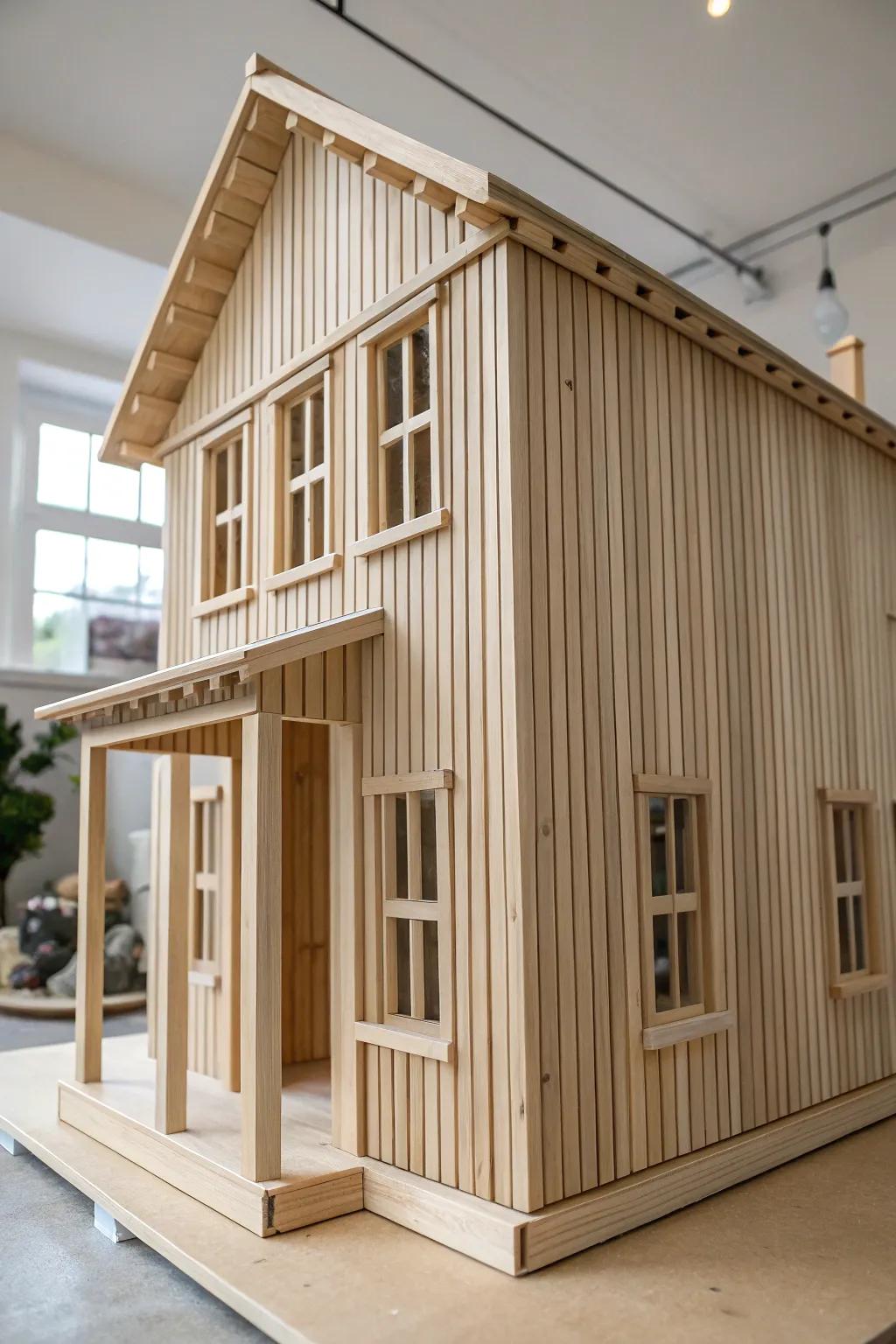 Refine your dollhouse's aesthetic with elegant upward paneling, bringing contemporary sophistication and organic charm.