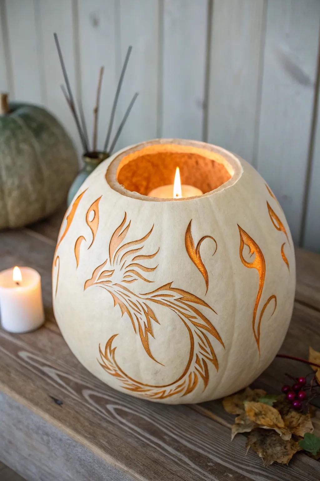 Kindle your autumnal decorations with this striking dragon flame pumpkin, marrying effortlessness with artistry.