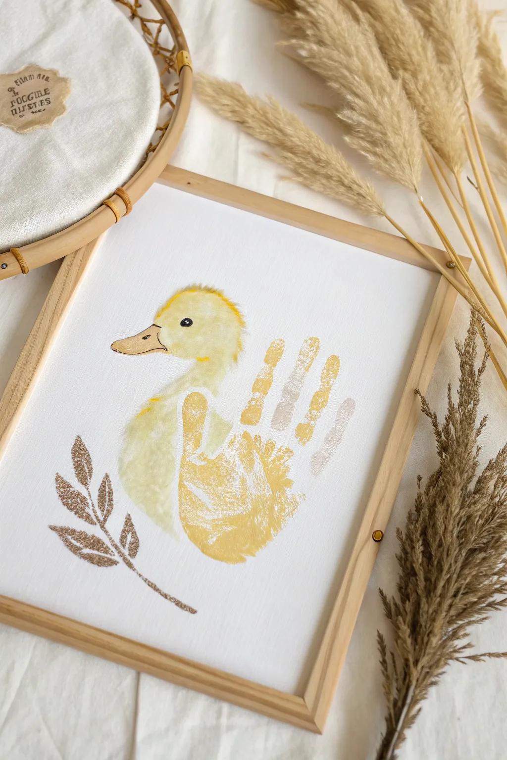 Capture the essence of youthful creativity with this delightful palm-print duckling artwork, where simplicity meets pure beauty.