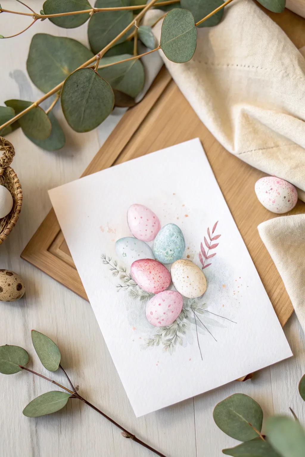 Embrace the dreamy appeal of Easter with this water-based egg burst card. Excellent for those who respect simplicity and natural elegance.