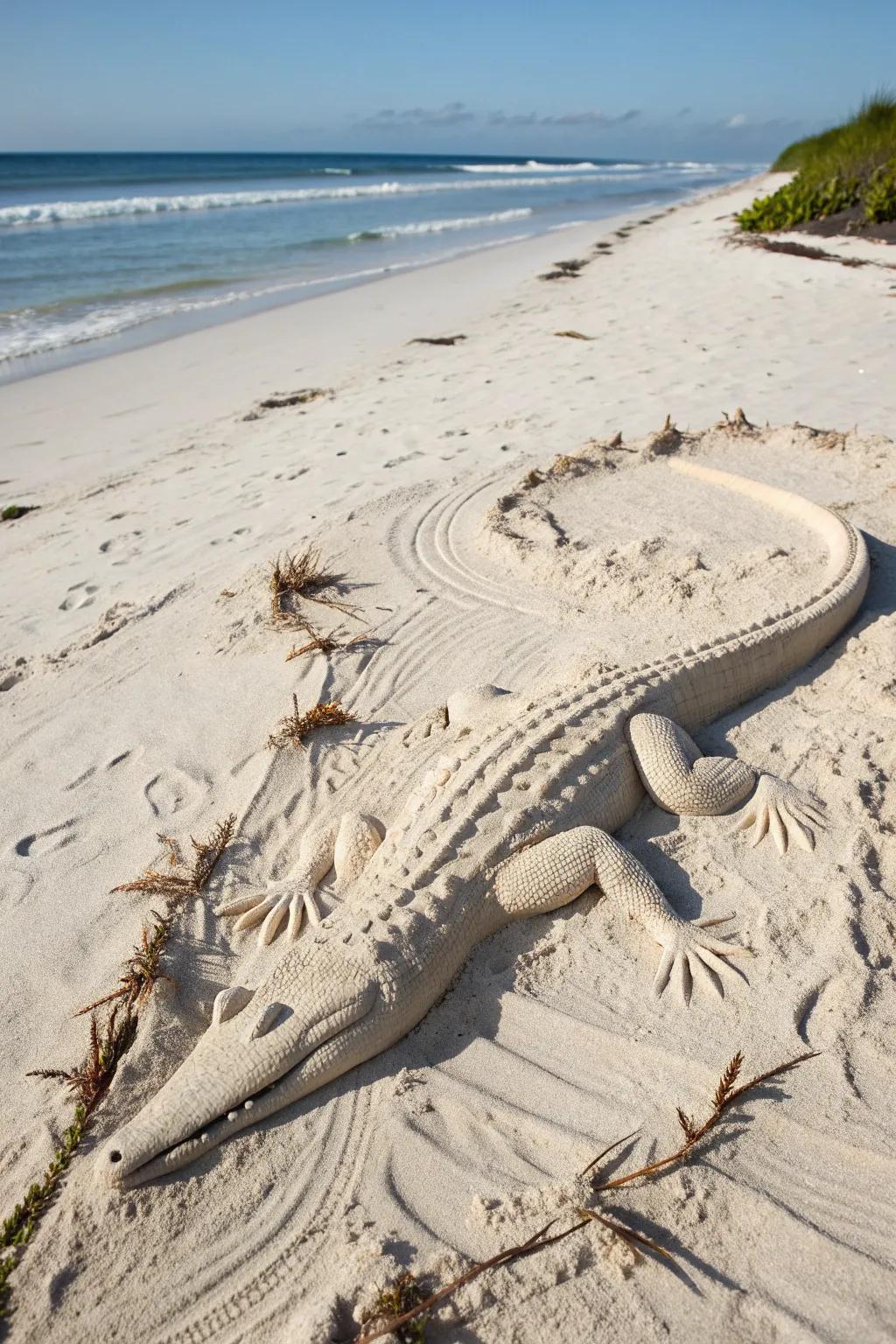 Design your personal beachside masterpiece with a minimalist river gator sand sculpture, celebrating the union of simplicity and natural elegance.