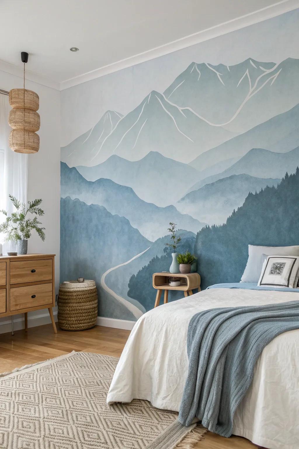 Alter your surroundings with a tranquil abstract mountain mural, harmonizing Scandinavian clarity with Boho elegance for a soothing refuge.