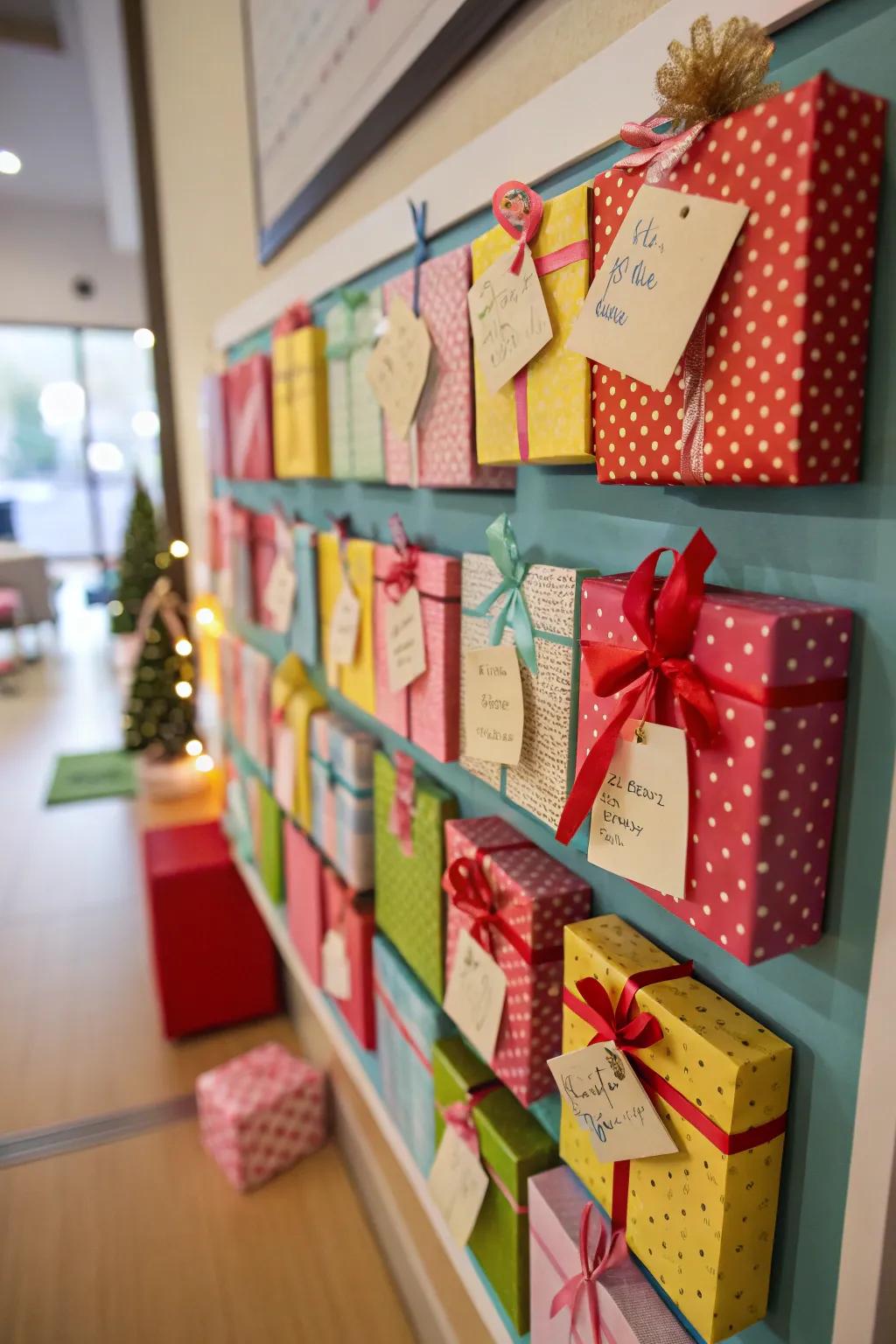 Wrapped parcels on a pinboard evoke a celebratory, festive atmosphere.