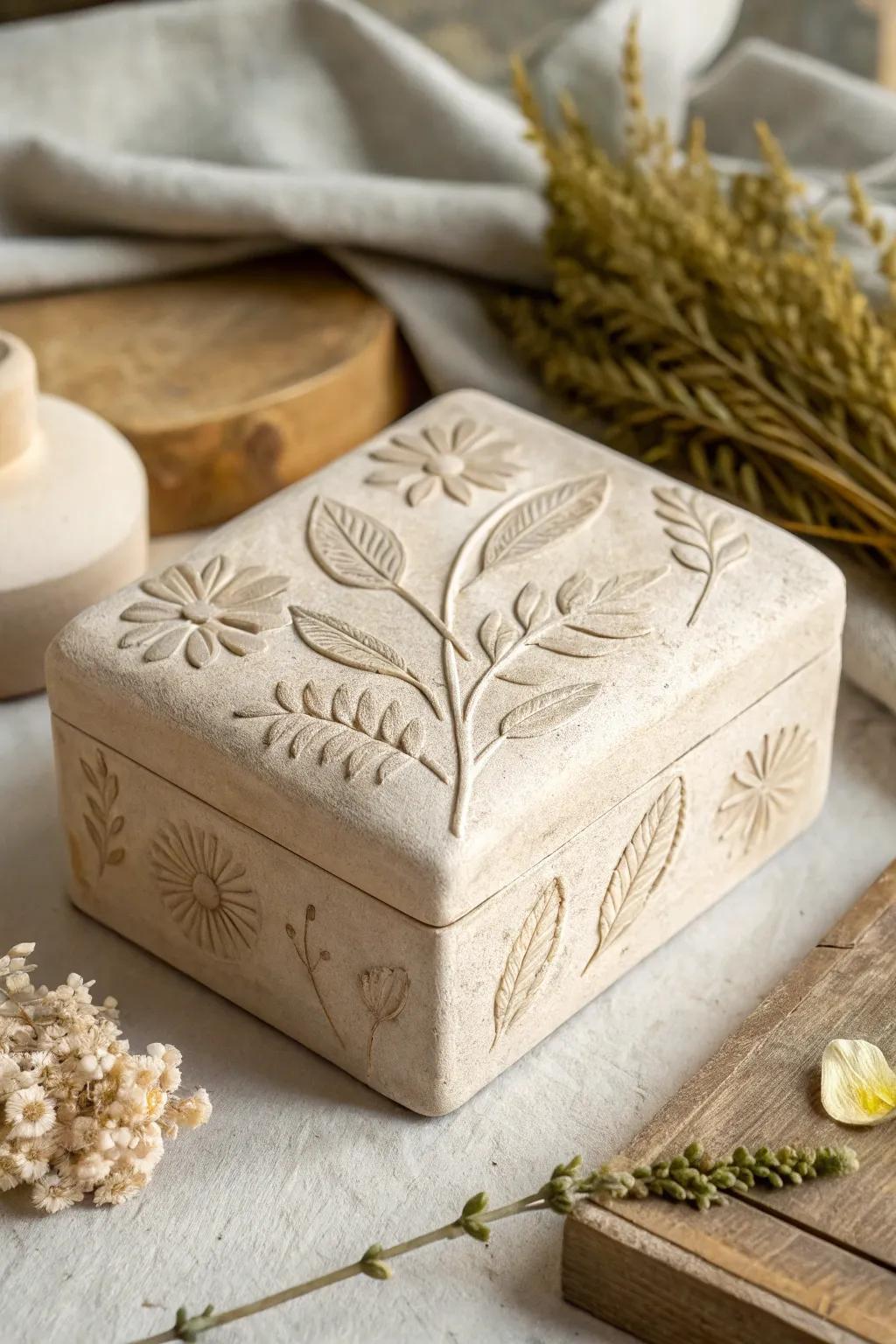 Encapsulate the essence of nature through this exquisitely textured clay slab box. An ideal choice for integrating a hint of the outdoors into your minimalist aesthetic.