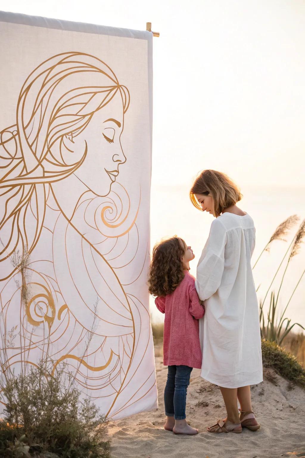 Experience the allure of abstract affection in this simple mother and child drawing, where minimalism meets radiant creativity.