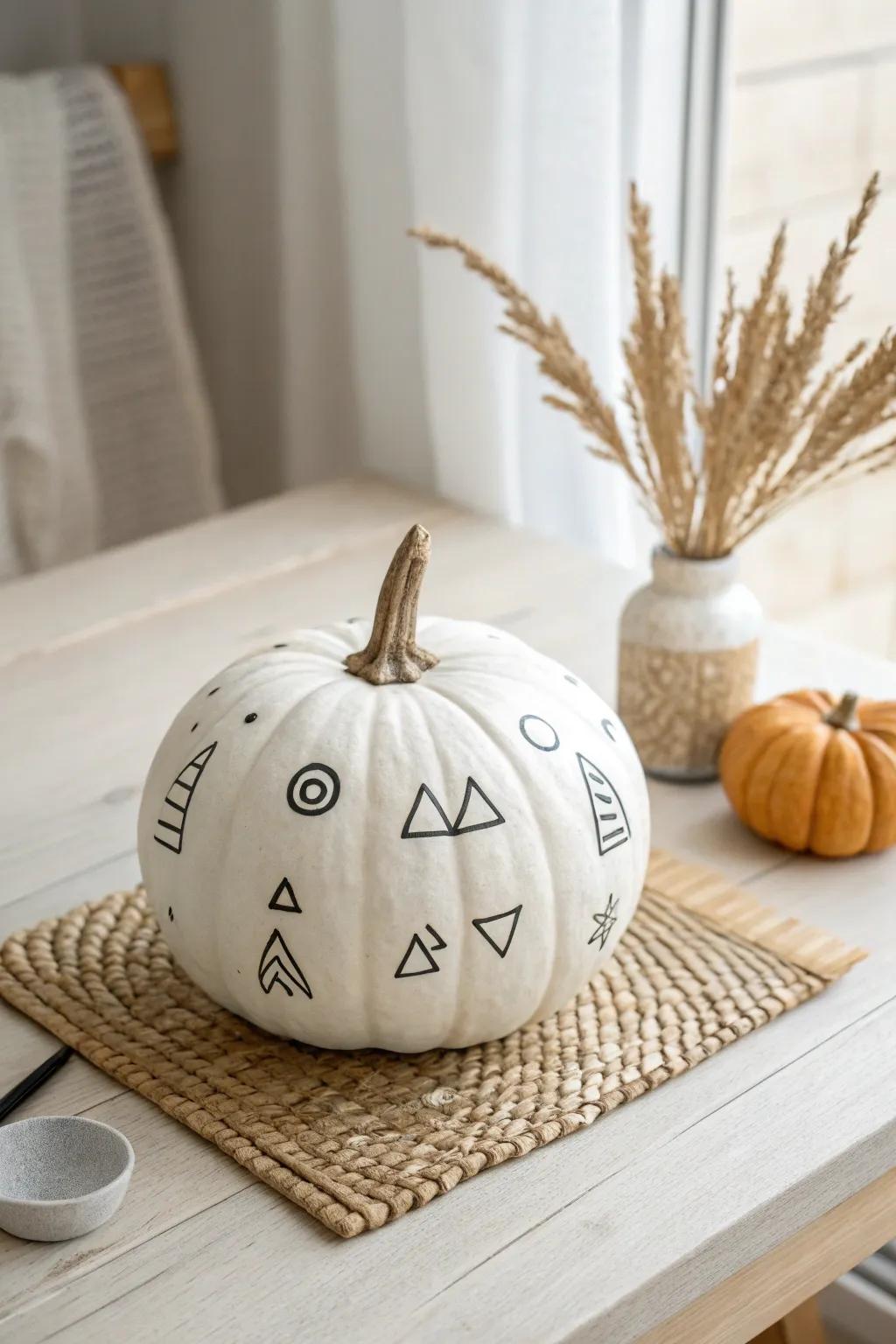Enhance your autumn decor with minimalist geometric patterns on pumpkins. 🎃✨ #ScandiBoho #CraftedElegance