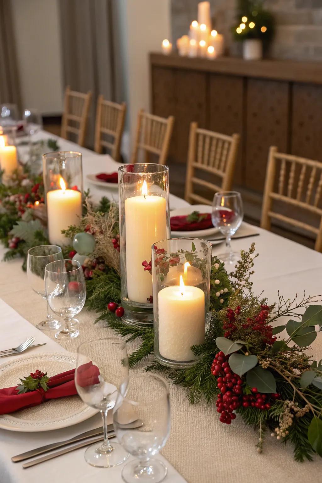 Candles within enclosed candle lanterns cast a welcoming glow upon your table.