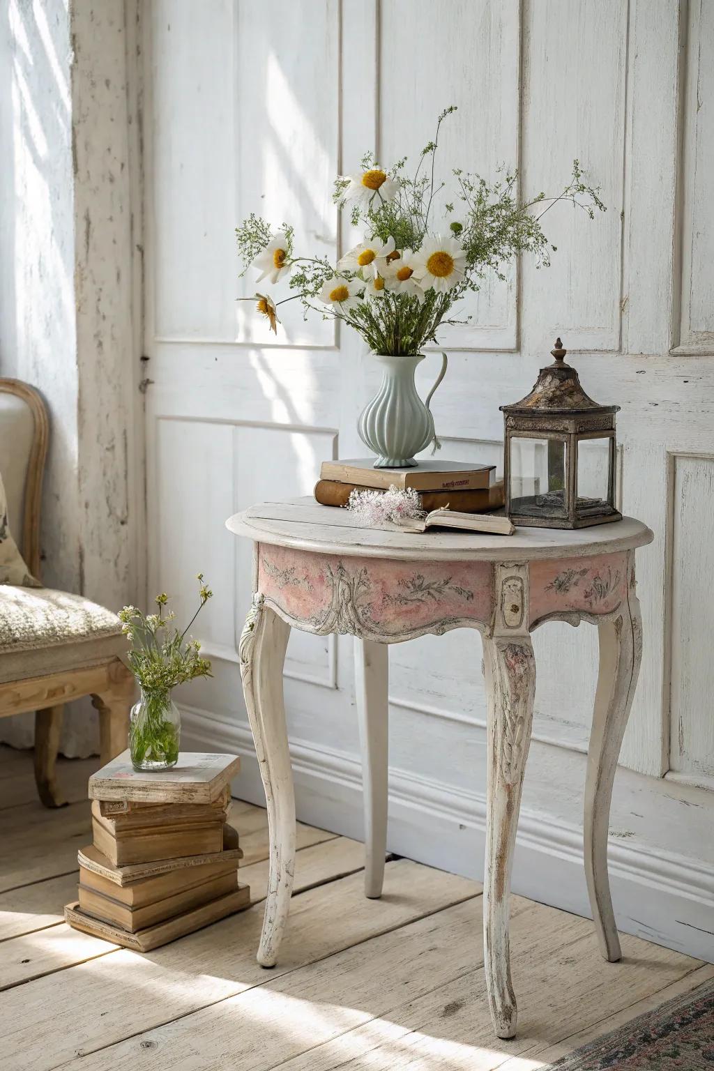 Celebrate flawed beauty with a shabby-chic end table, each scratch and dent narrating its unique history.