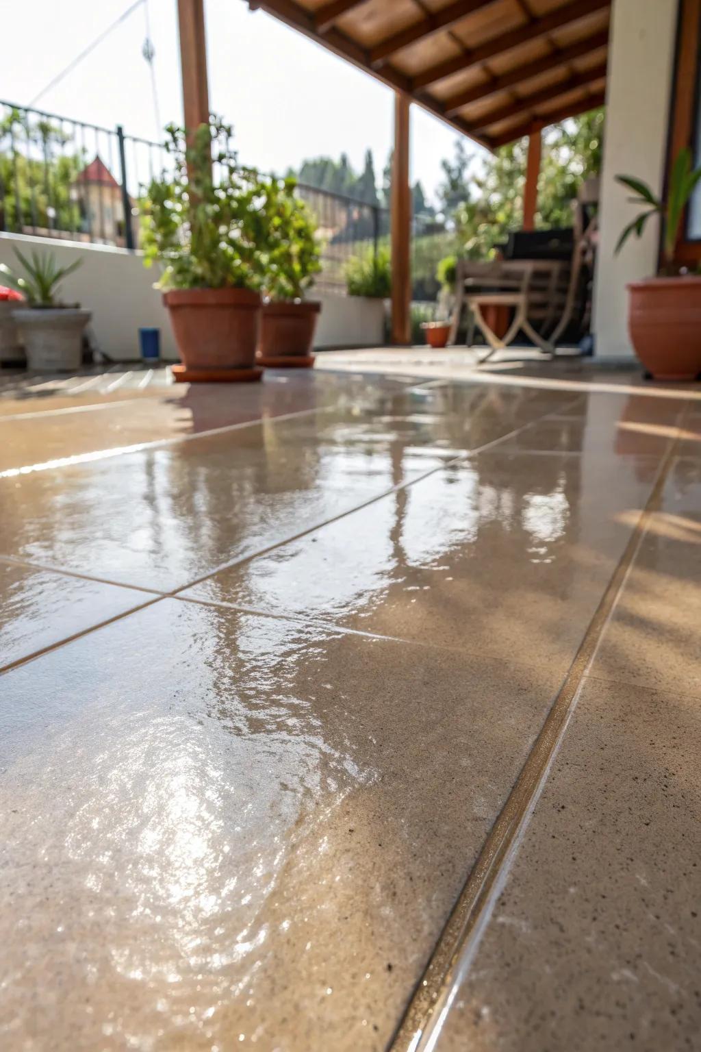 Change your outdoor area with an opulent, highly polished epoxy patio finish that shines with class.