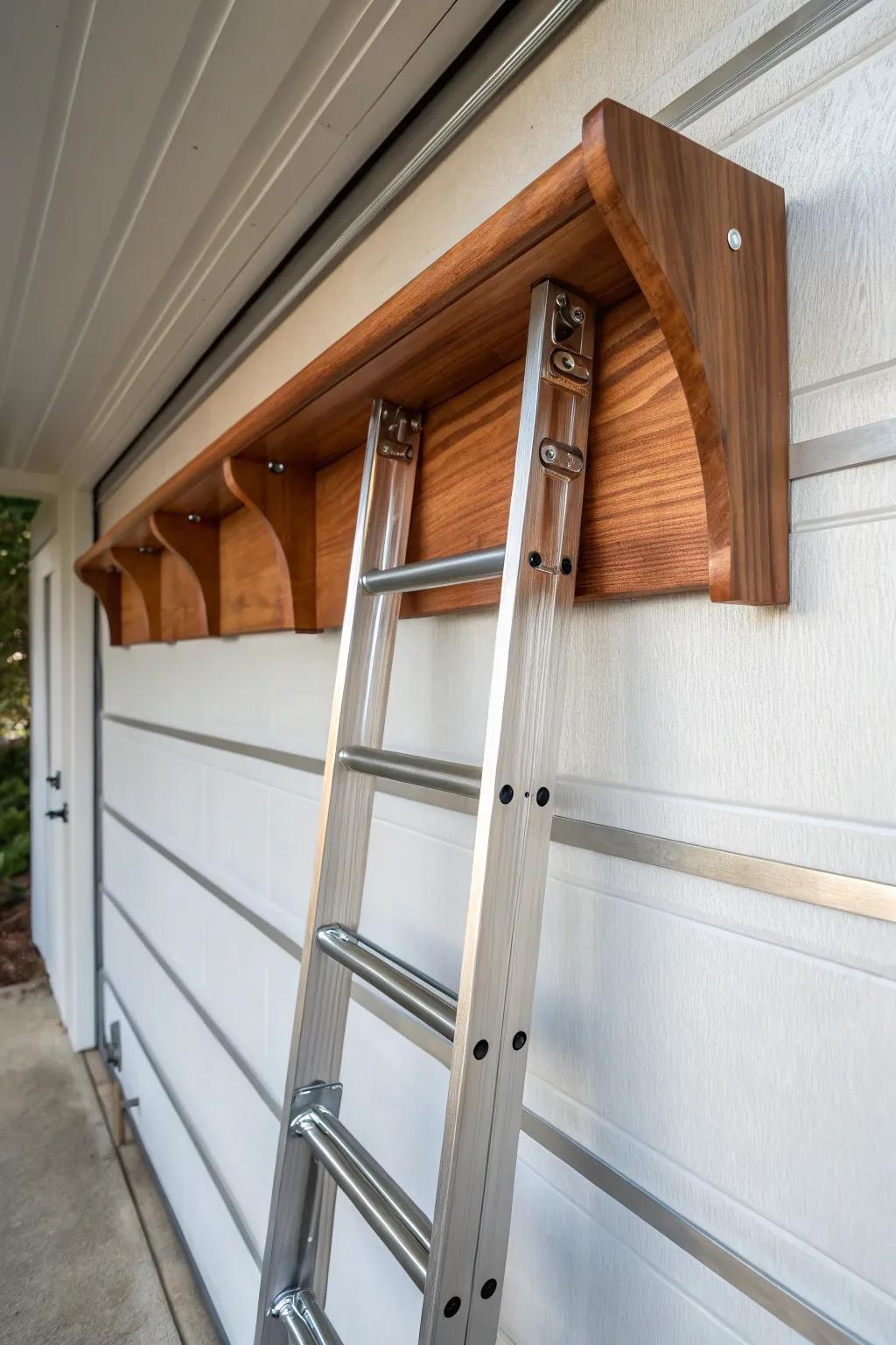 Enhance your garage's organizational appeal with this expertly designed wall rack for ladder storage.