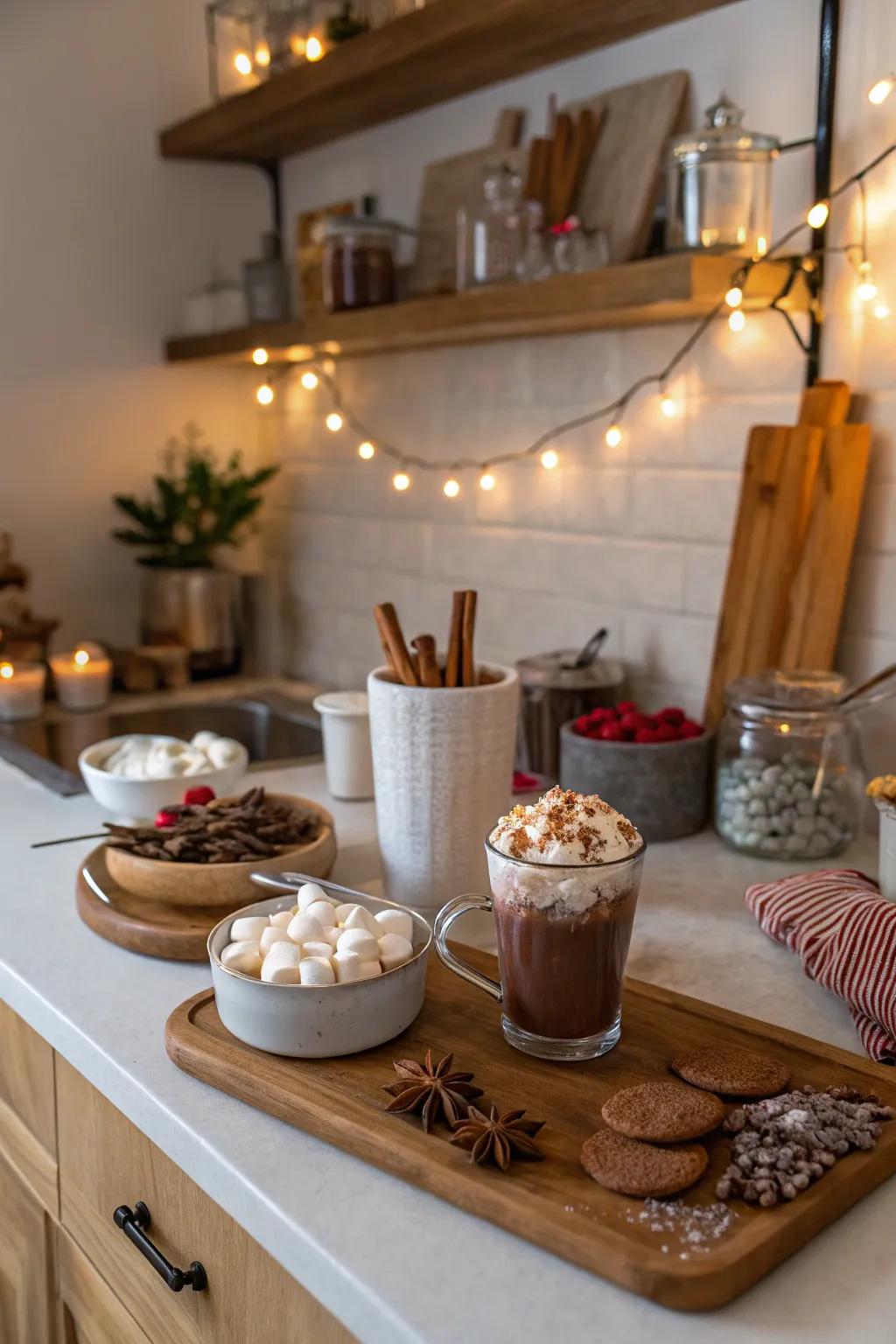 Design a warm and welcoming hot chocolate station for a delightful date experience.