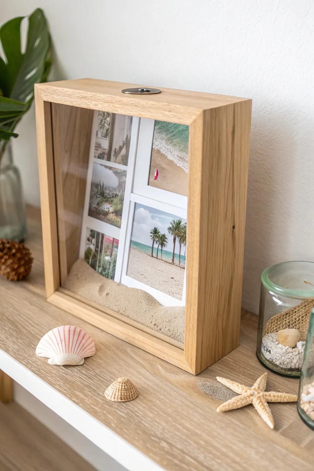 Encapsulate your travel chronicles within a minimalist shadow box, radiating a hint of natural allure.