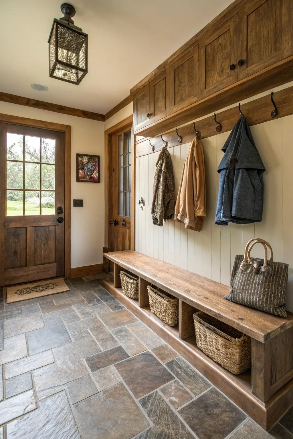 Timber-look tiles add warmth and practicality to this farmhouse mudroom.