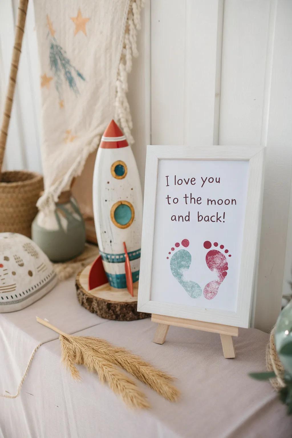 Take off with affection! Transform your baby's footprints into an endearing rocket ship for Father's Day. 🚀💕 <strong><em>#CraftWithLove</em></strong>” loading=”lazy” class=”pimg”>
	</picture><figcaption>Take off with affection! Transform your baby’s footprints into an endearing rocket ship for Father’s Day. 🚀💕 <strong><em>#CraftWithLove</em></strong></figcaption></figure>
<p>Turn those petite footprints into a vibrant rocket ship, soaring towards dad’s universe. Add a heartfelt message that reads, “<strong><em>I love you to the moon and back!</em></strong>”</p>
<h3>These products might help:</h3>
<ul class=