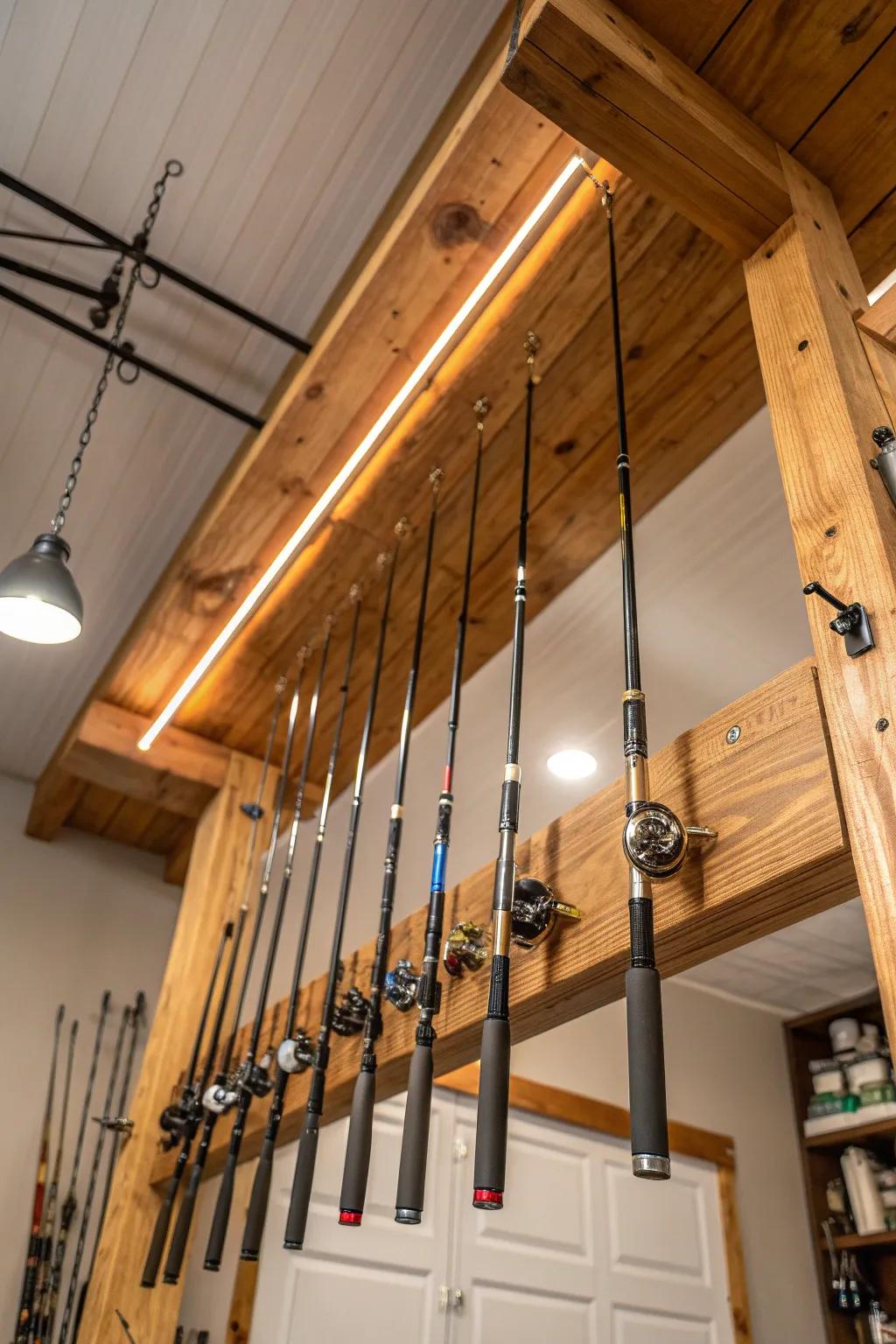 Advance your storage strategy with this artisanal overhead system for fishing poles.