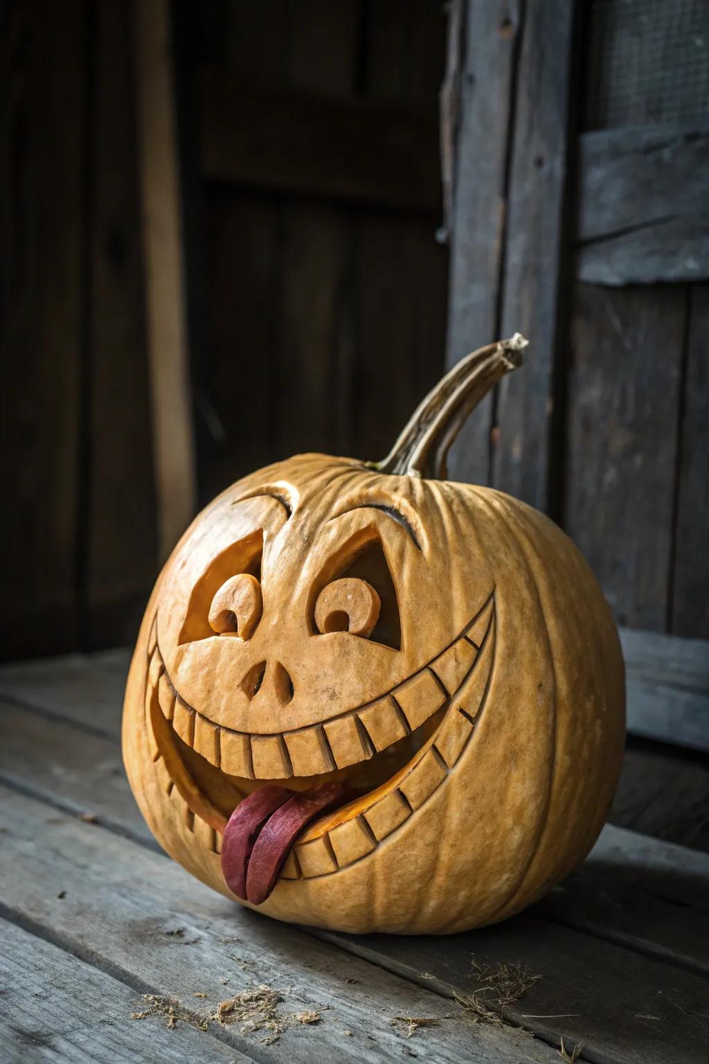 Evoke a smile on your visage with this playful, expertly sculpted pumpkin masterpiece.