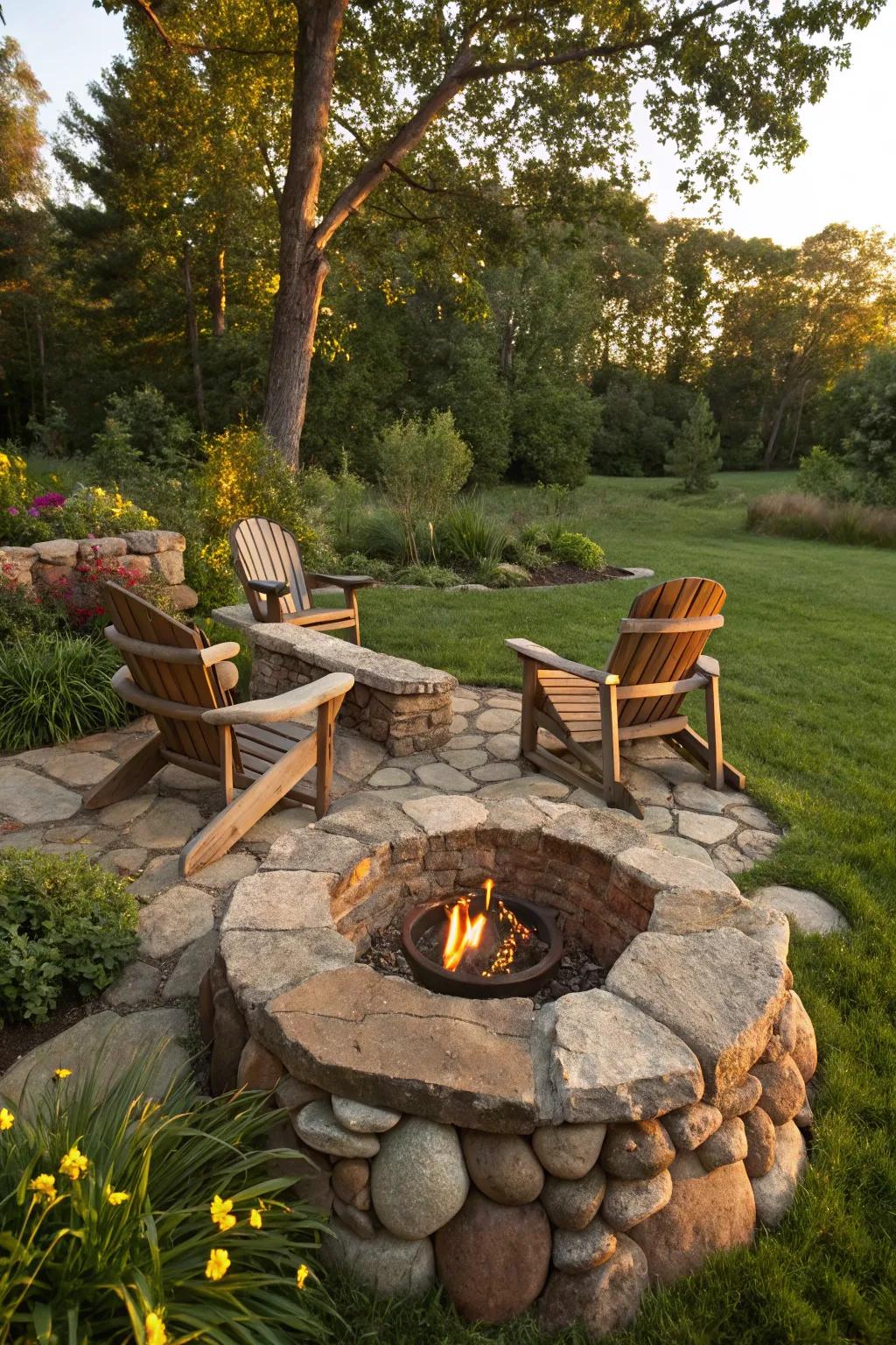 Alter your front garden into a charming haven with an earthy stone hearth—where artistic craftsmanship harmonizes with nature's allure.