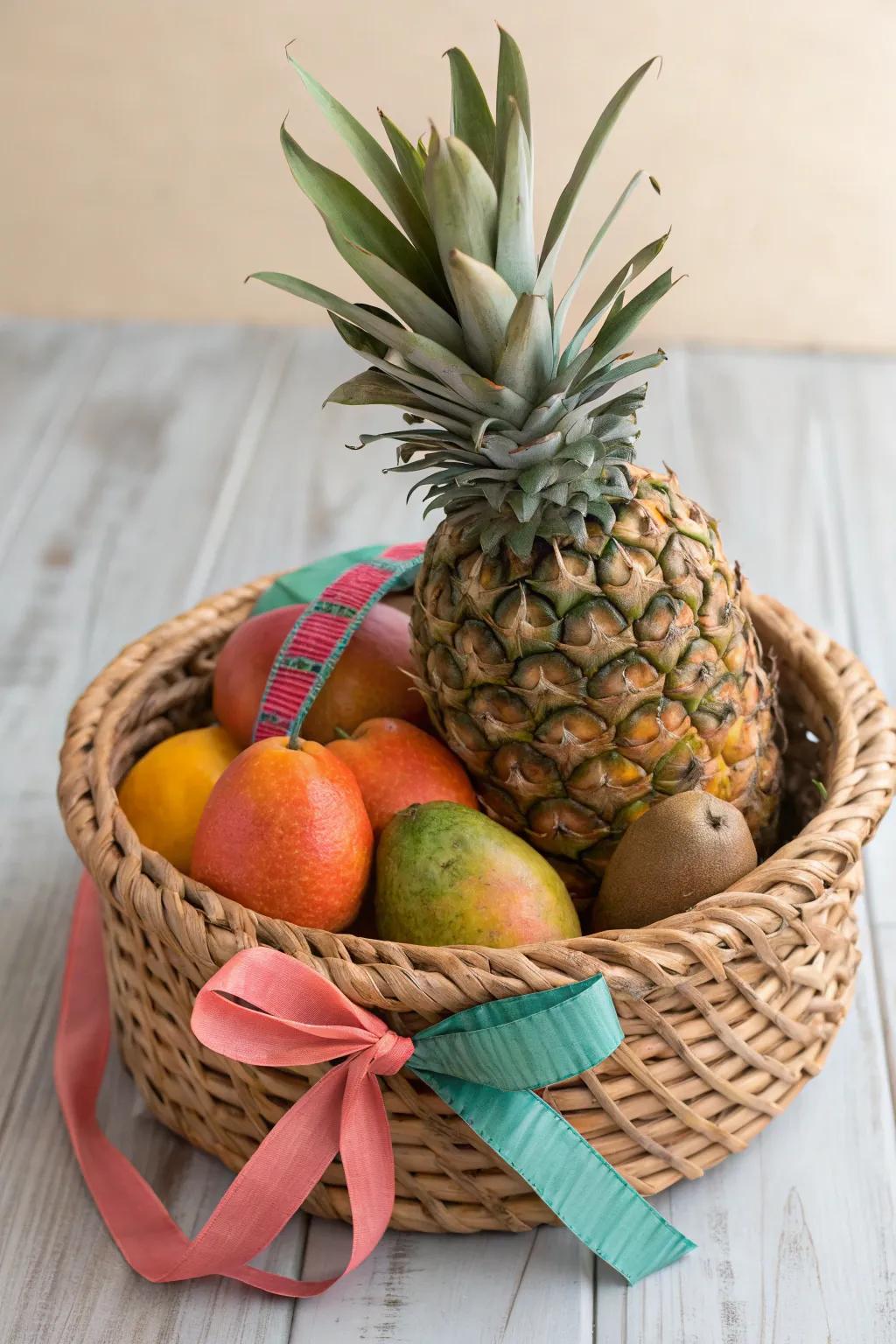 Escape to a tropical paradise with this vibrant fruit arrangement, perfect for bringing dreams of sandy beaches to life.