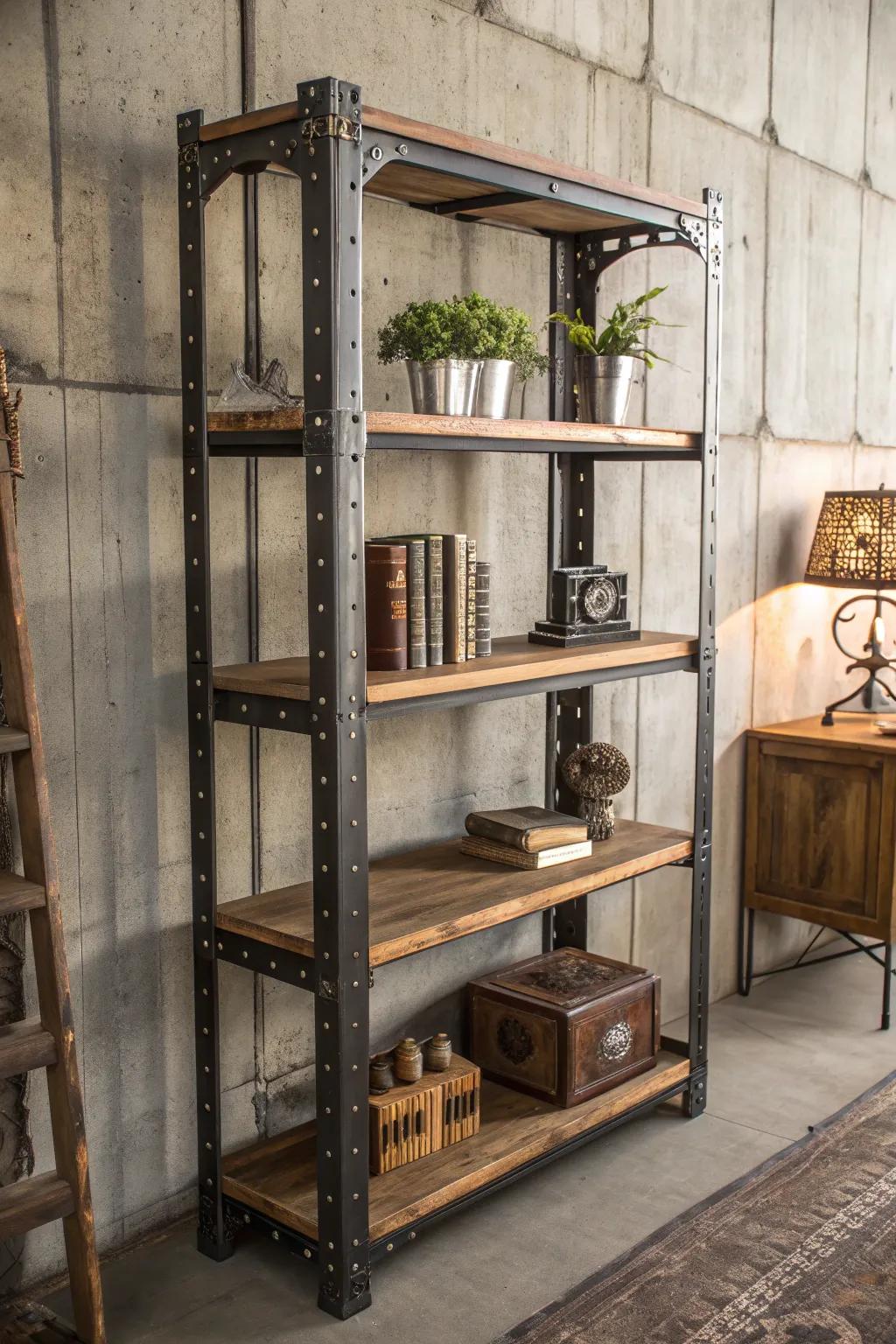 Transform your space with this handcrafted industrial shelving unit, where metal meets wood in perfect harmony.