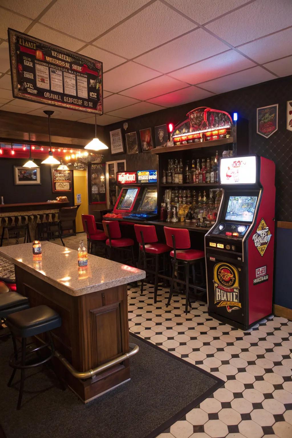 Pairing a vintage game center with a bar introduces a playful and nostalgic element.