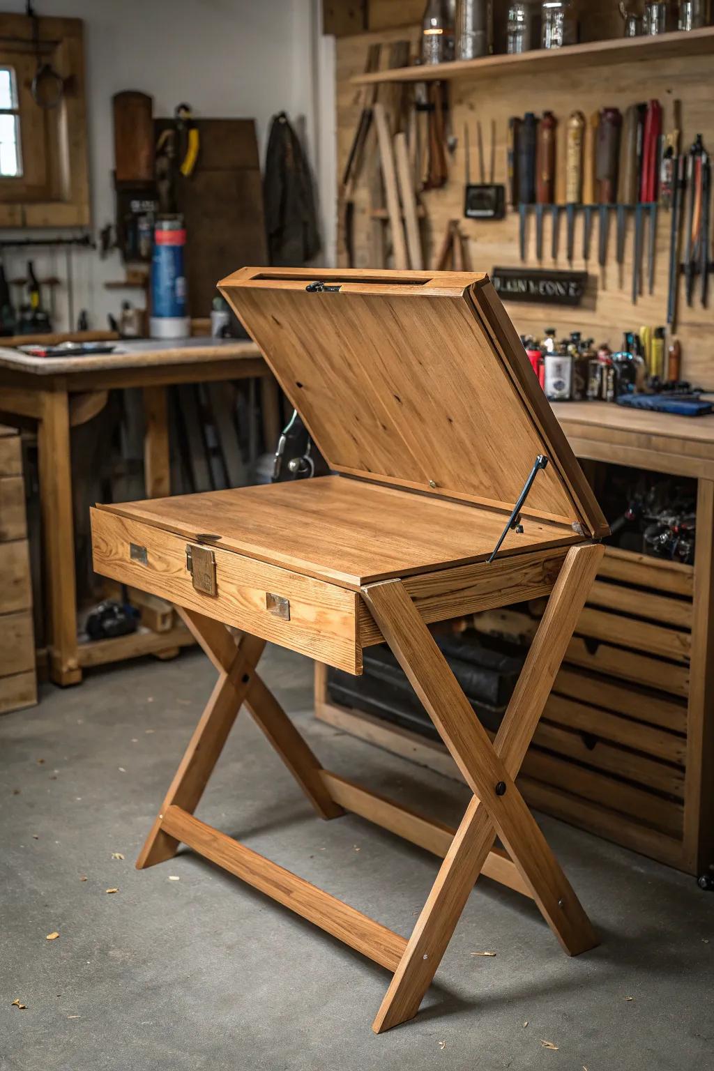Amplify your garage's potential with this exquisite foldable workbench—where artistry aligns with practicality.