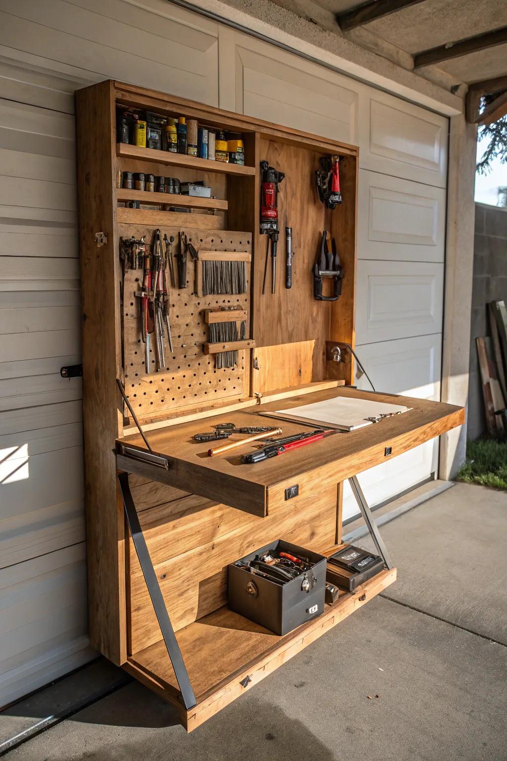 Revamp your garage with an elegant retractable workbench — where artistry meets functionality.