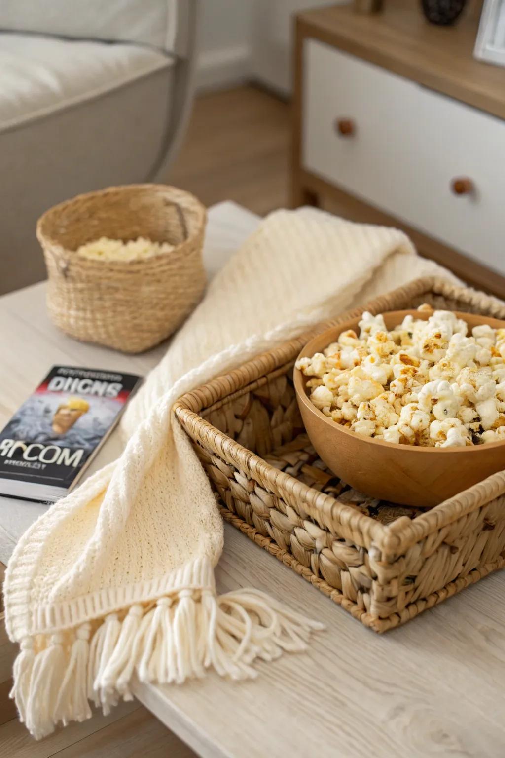 Produce a flawless snug film evening using this elegant Scandinavian-inspired gift basket. 🎬🍿 #MovieNightEssentials #ScandiBoho