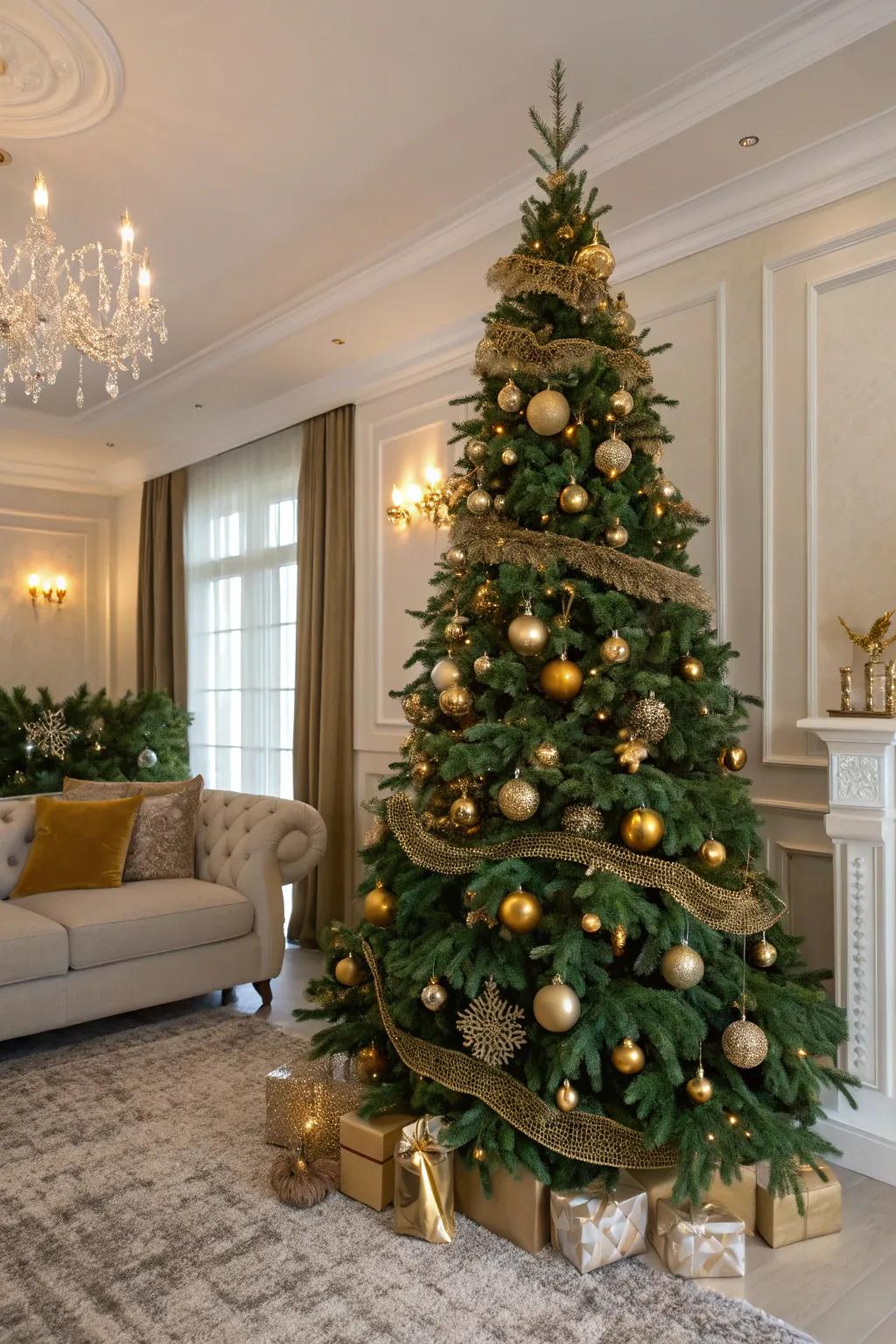 An opulent gold and green Christmas tree, bestowing a dash of sophistication upon the holiday festivities.