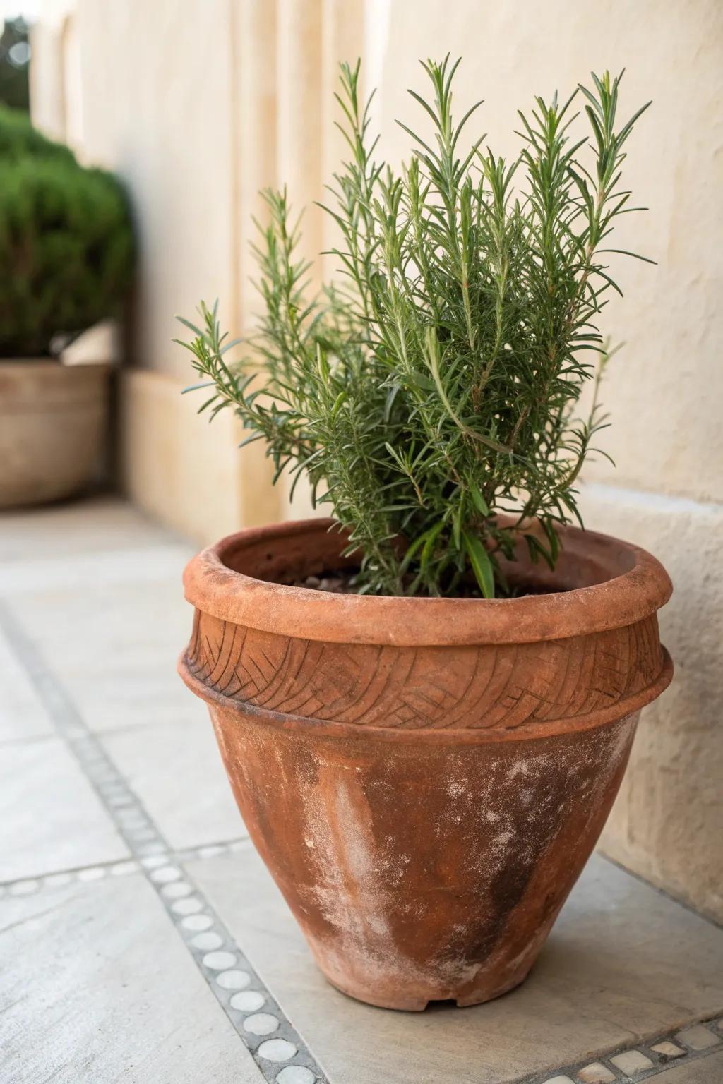 Luxuriate in homespun appeal through classic unglazed terracotta coupled with fragrant rosemary.