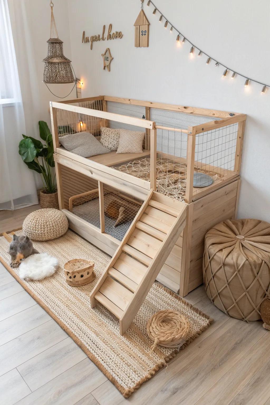 Uncover the delight of exploration with this stylish multi-level guinea pig abode, where Scandinavian minimalism intertwines with boho charm. 🐹✨