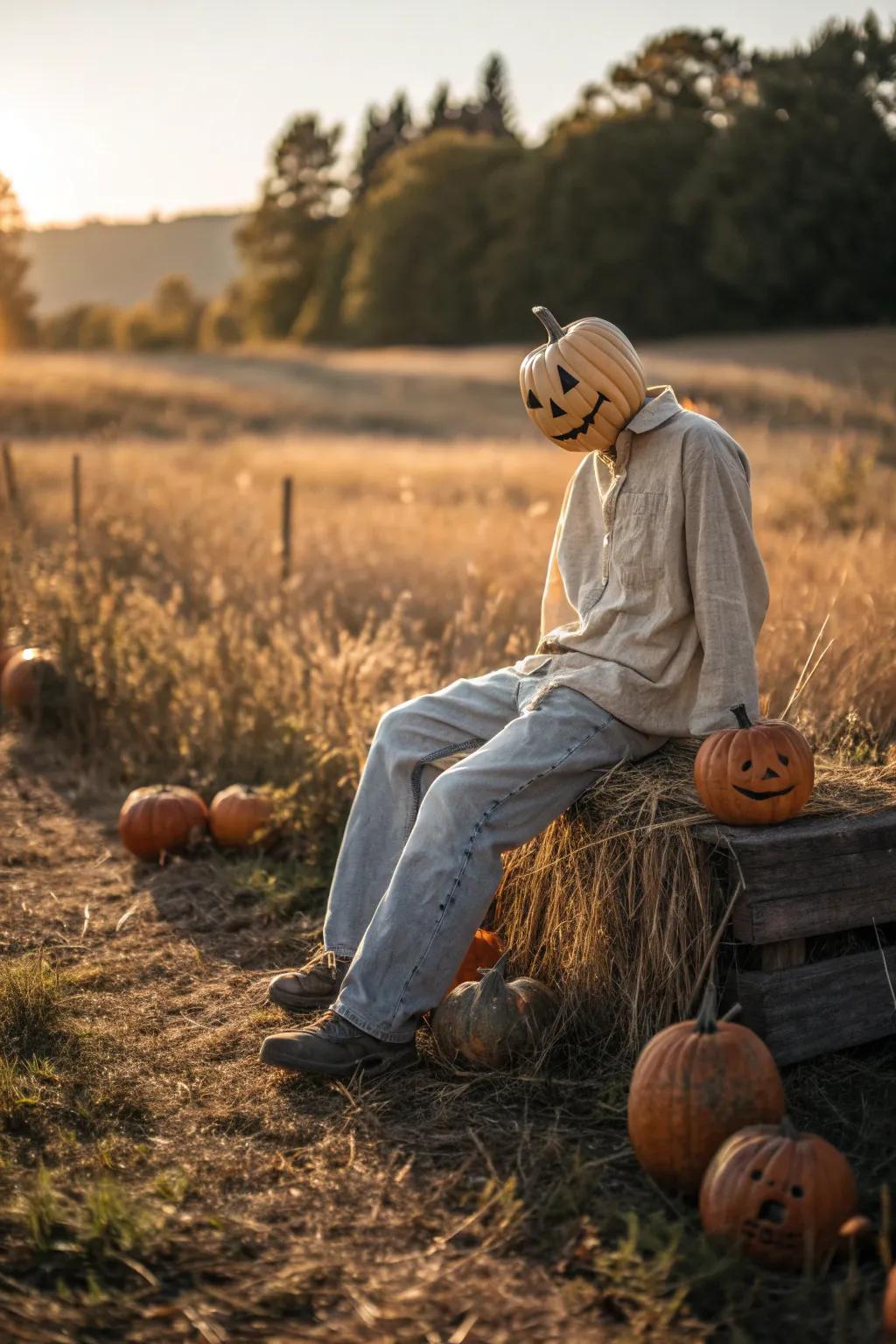 Celebrate the season with a delightfully understated pumpkin head scarecrow, seizing the spirit of an inviting, minimalist Halloween.