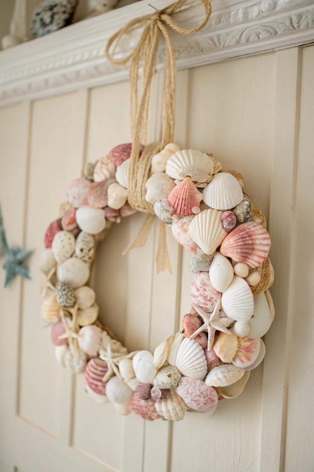 Welcome the ocean's zephyr into your abode with an arresting seashell wreath, a flawless confluence of minimalist refinement and bohemian charm.