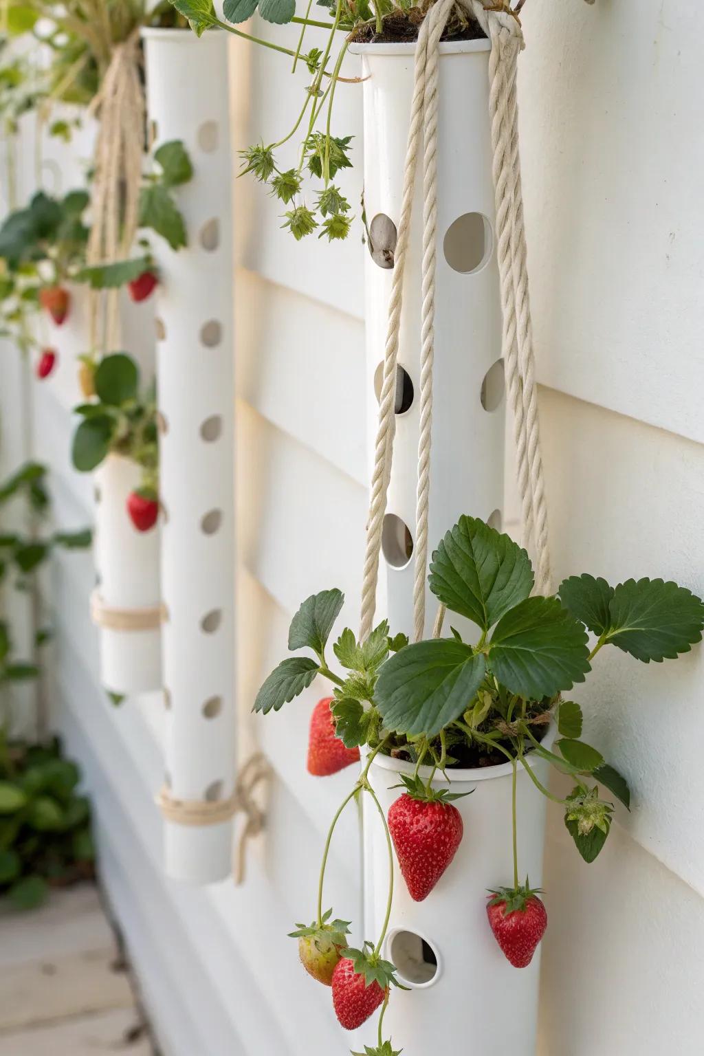 Amplify your gardening endeavors with this stylish vertical PVC strawberry planter—where simplicity meets natural splendor.