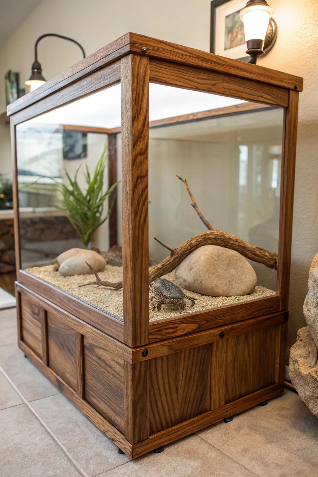 Embrace clarity and warmth through this timber and crystal bearded dragon tank—where rustic appeal harmonizes with modern polish.