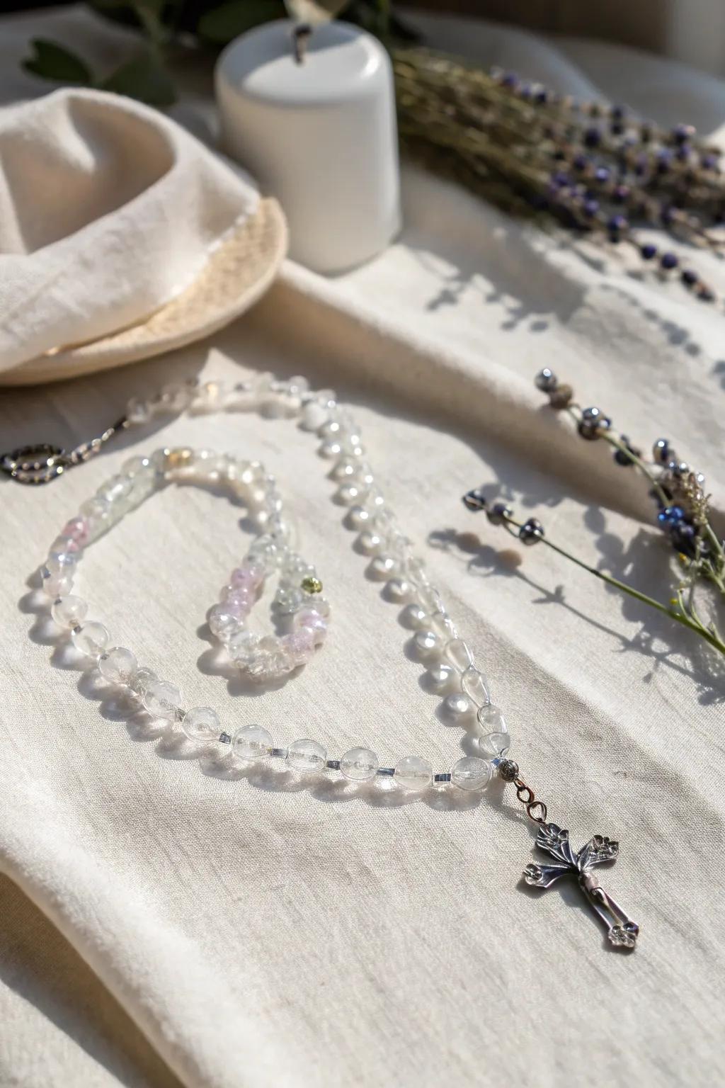 Shimmering Serenity: A hand-fashioned crystal rosary that embodies light and sophistication.
