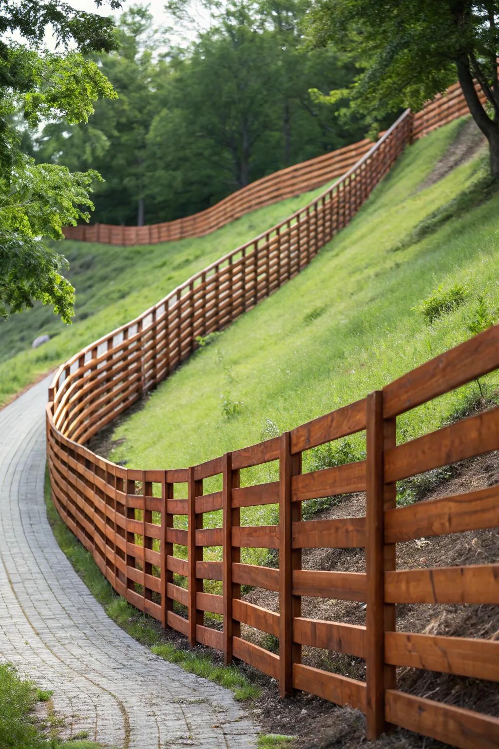 Elevate your landscape with the grace of an inclined horizontal fence, impeccably tailored to your unique setting.