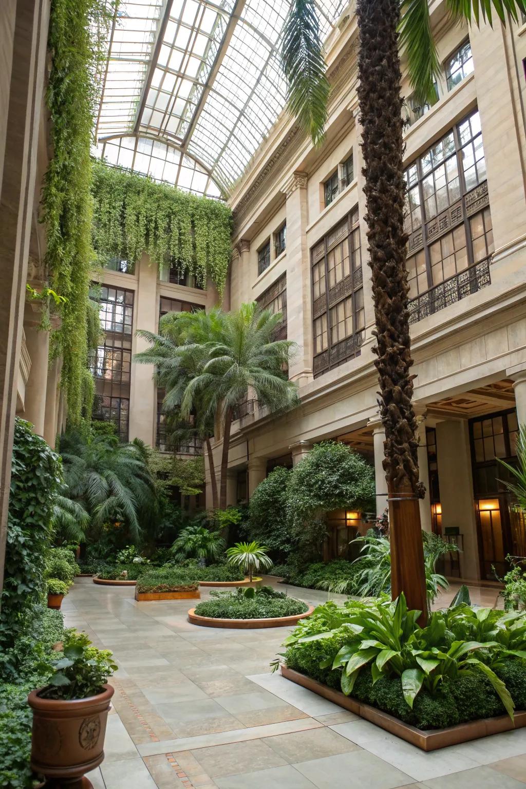 A flourishing indoor garden thrives within a luminous atrium setting.