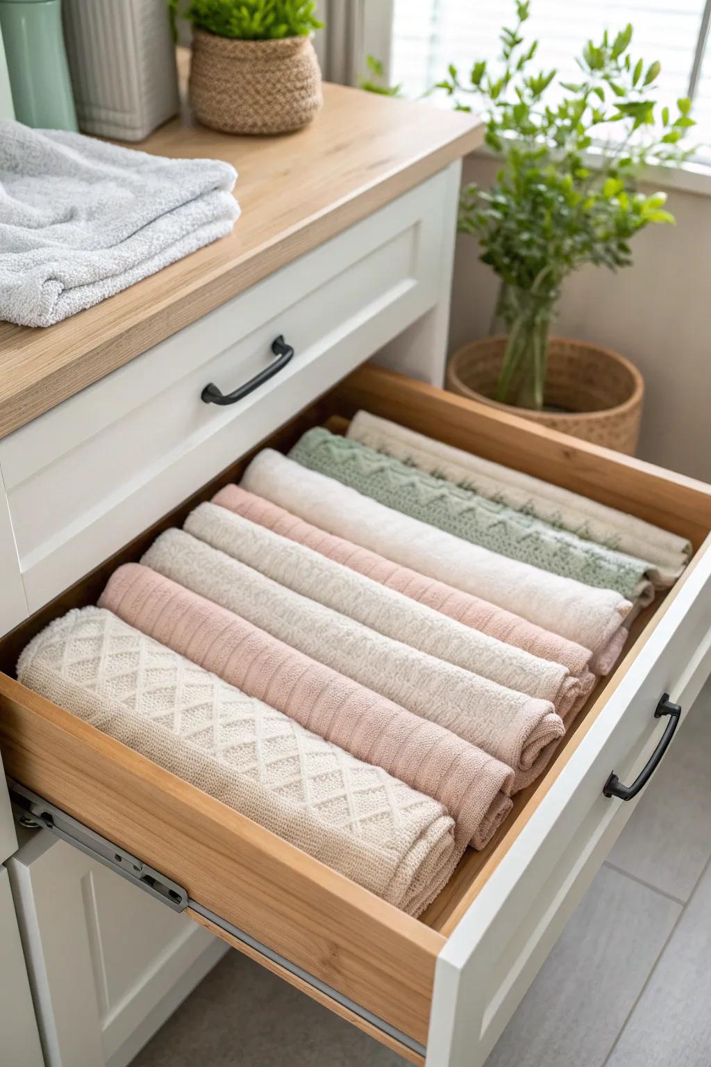 Unveil the elegance of unpretentious design with the Marie Kondo method—an artistic approach to arranging your kitchen linens.