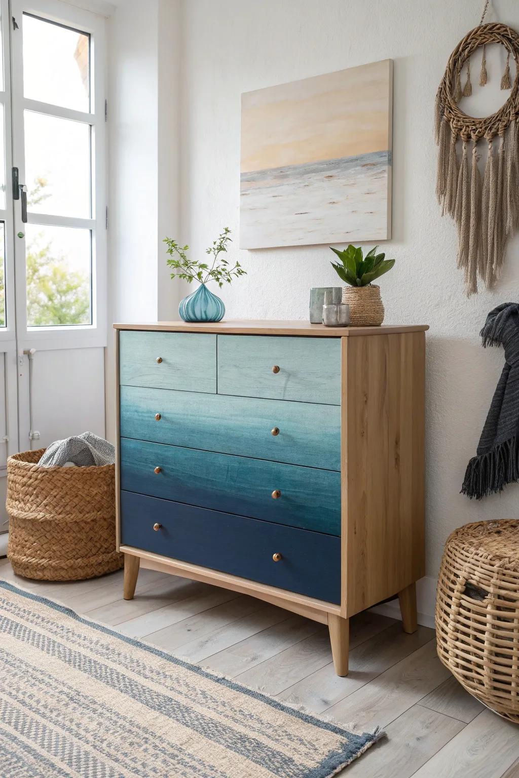 Transform your space with a serene blue ombre dresser, where craftsmanship meets minimalist elegance.