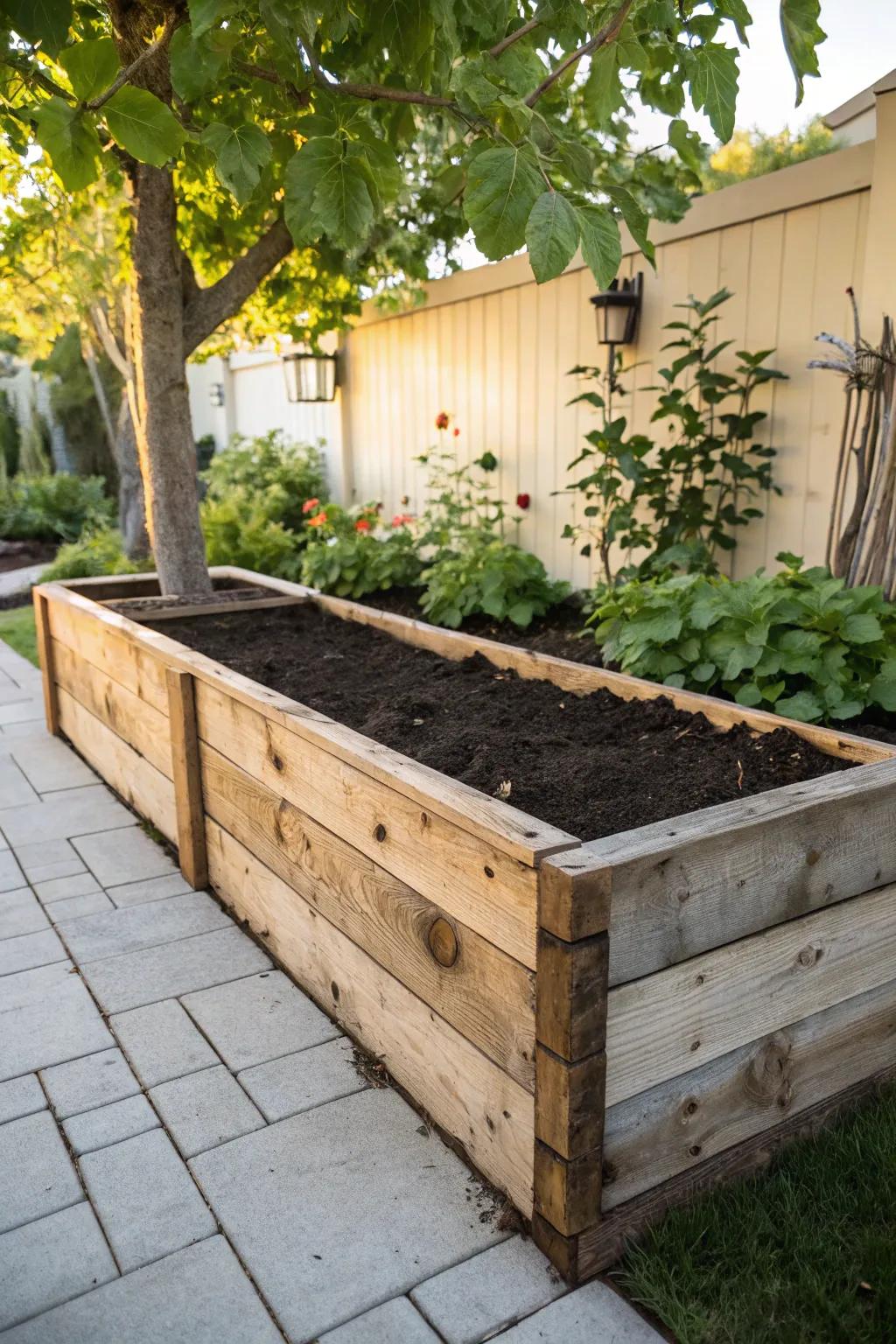 Enhance your garden through the timeless elegance of elevated beds crafted from reclaimed wood.