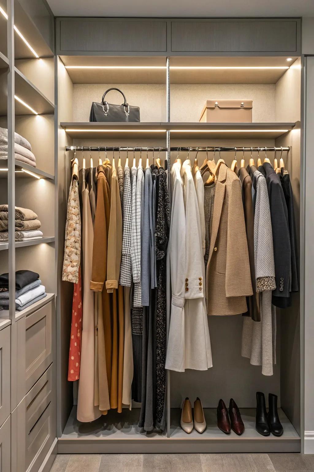 Multiple hanging bars leverage vertical space in deep closets.