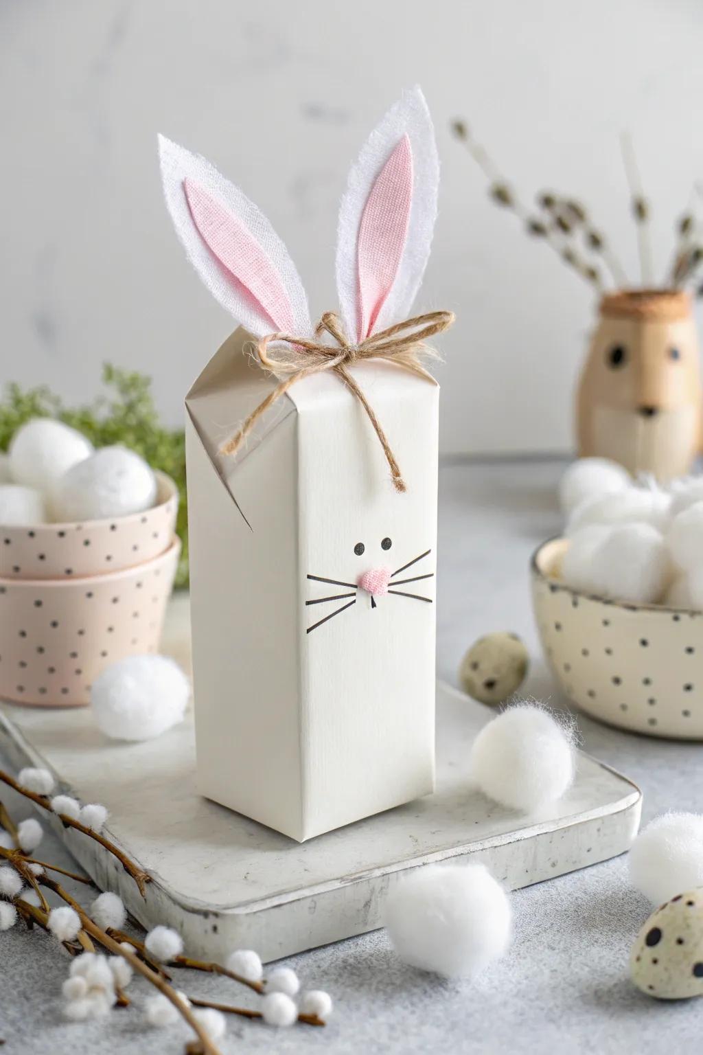 Transform your drink boxes into charming Easter bunnies for a minimalist spring touch!