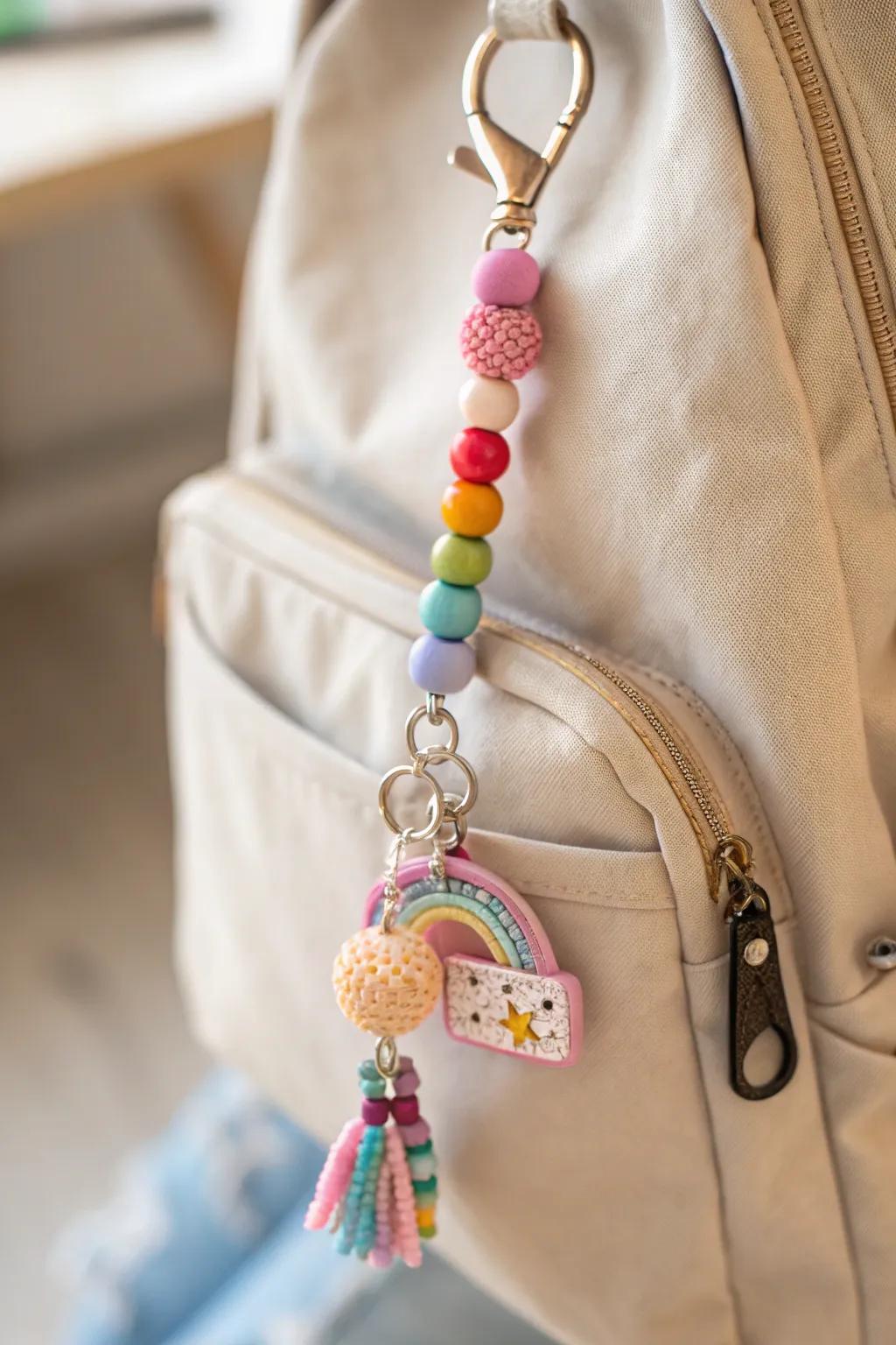 Introduce a splash of hue and charm to your rucksack with this exquisitely designed gemmed keychain.
