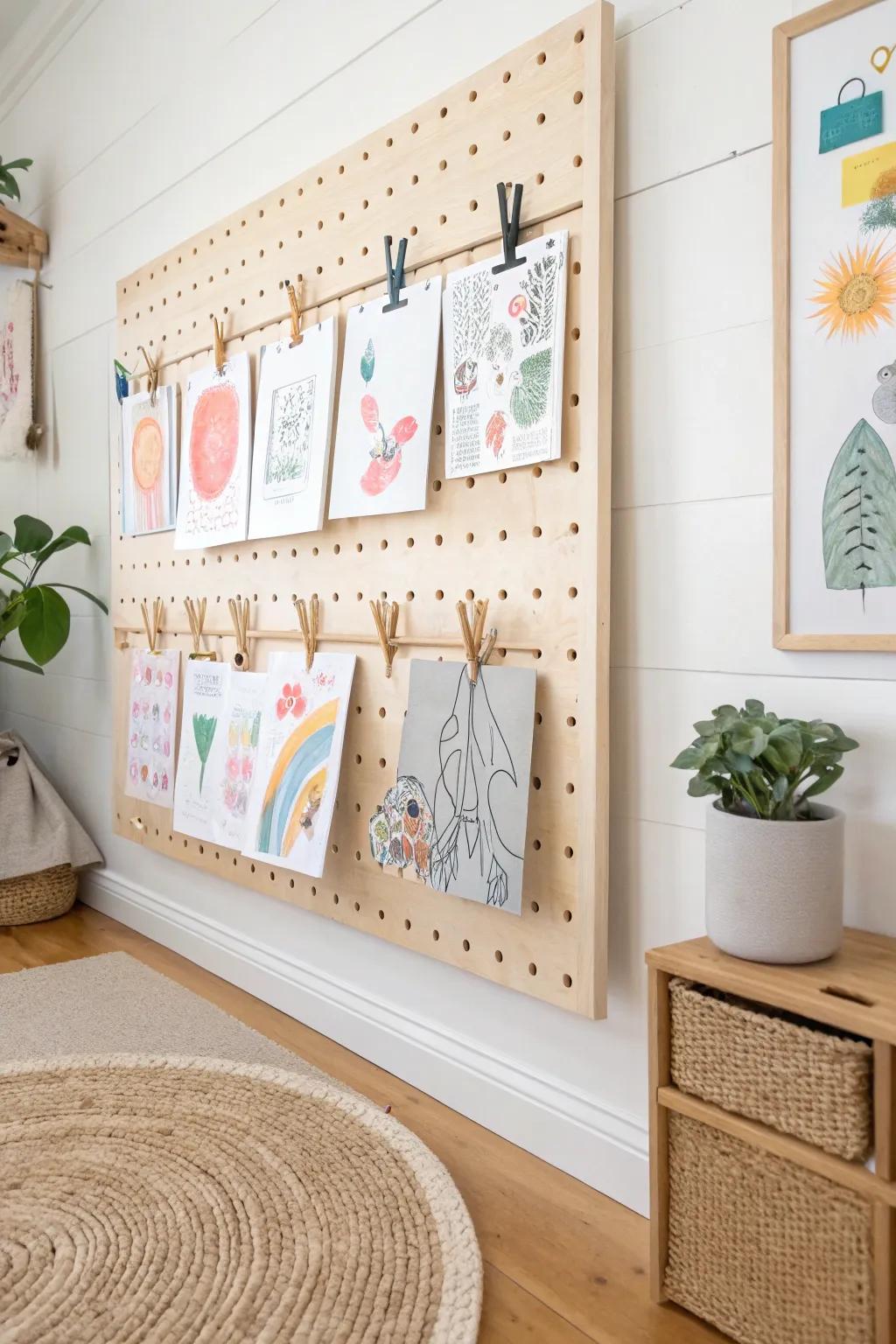 Turn your child's artwork into a masterpiece through a minimalist pegboard display that honors creativity and simplicity. 🌿✨