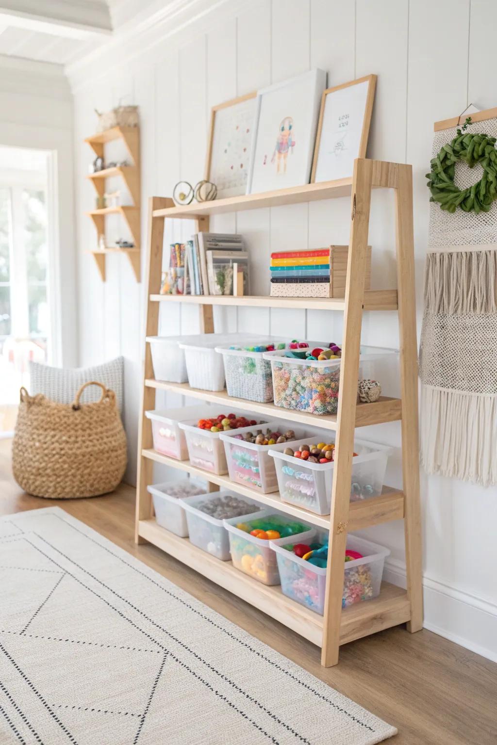 Arrange creativity with style: Open shelving that turns craft storage into art.