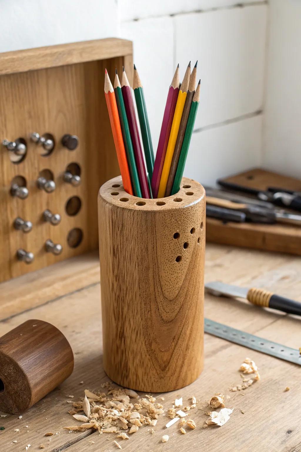 Design your opus: An elegant and vibrant timber writing utensil caddy marrying function with artistic flair.