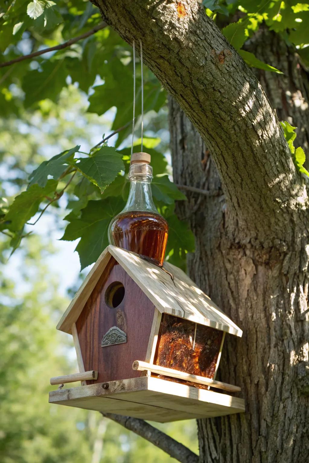 Craftsmanship encounters nature: A remarkable avian sanctuary fashioned from a reclaimed spirits container, ideal for your backyard retreat.