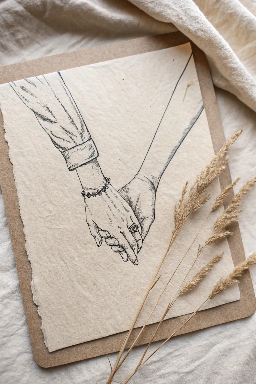 Value simplicity and bond with this gentle sketch of entwined hands, an emblem of union and affection.