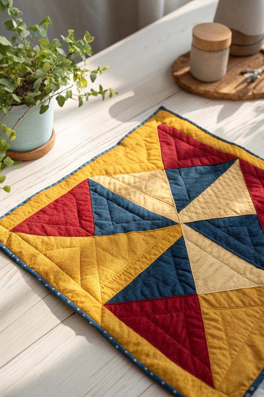 Fill your space with lively charm: a vibrant quilt square showcasing the beauty of simplicity and craftsmanship.