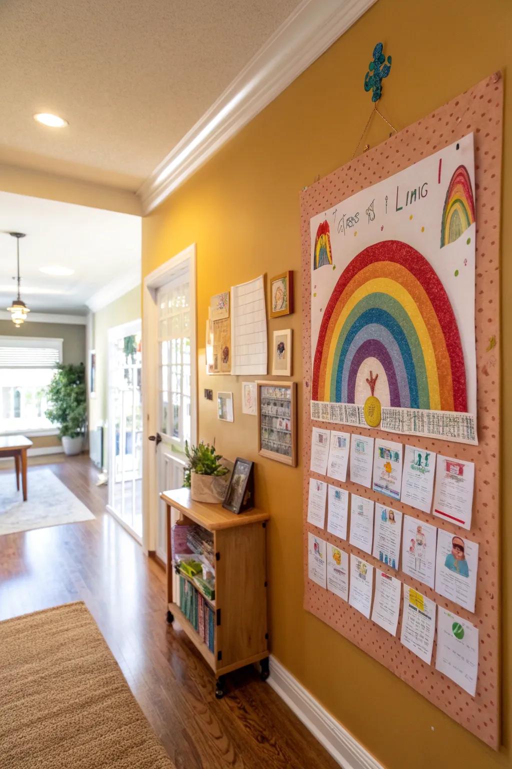 A rainbow-inspired display board featuring positive affirmations.